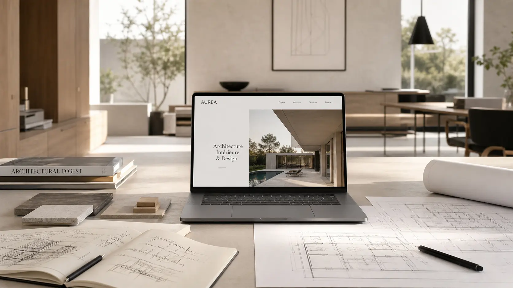 Bureau d’architecte haut de gamme avec site internet d’architecte affiché sur ordinateur portable